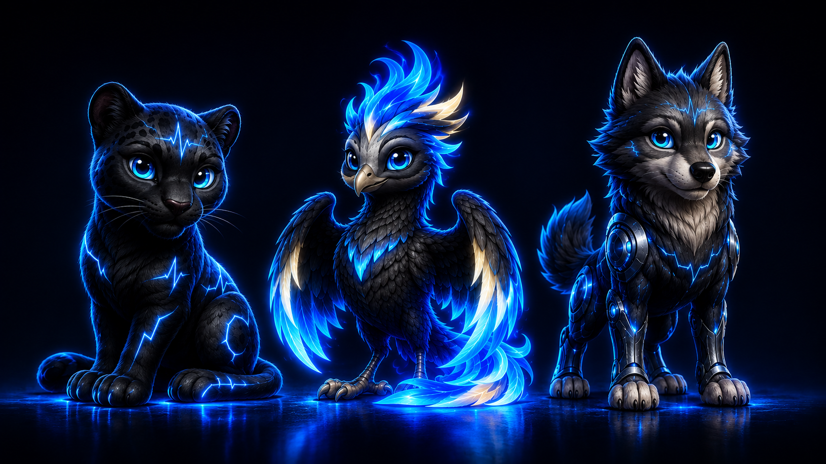The three EFAM Guardians: a black panther cub on the left, a glowing blue phoenix in the centre and a cybernetic wolf on the right.